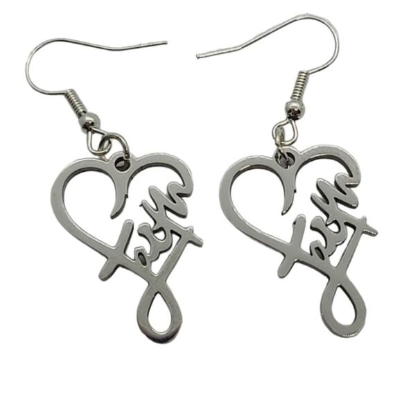 Faith Script Heart Stainless Steel Dangle Earrings Christian Religious Jewelry - Picture 5 of 7